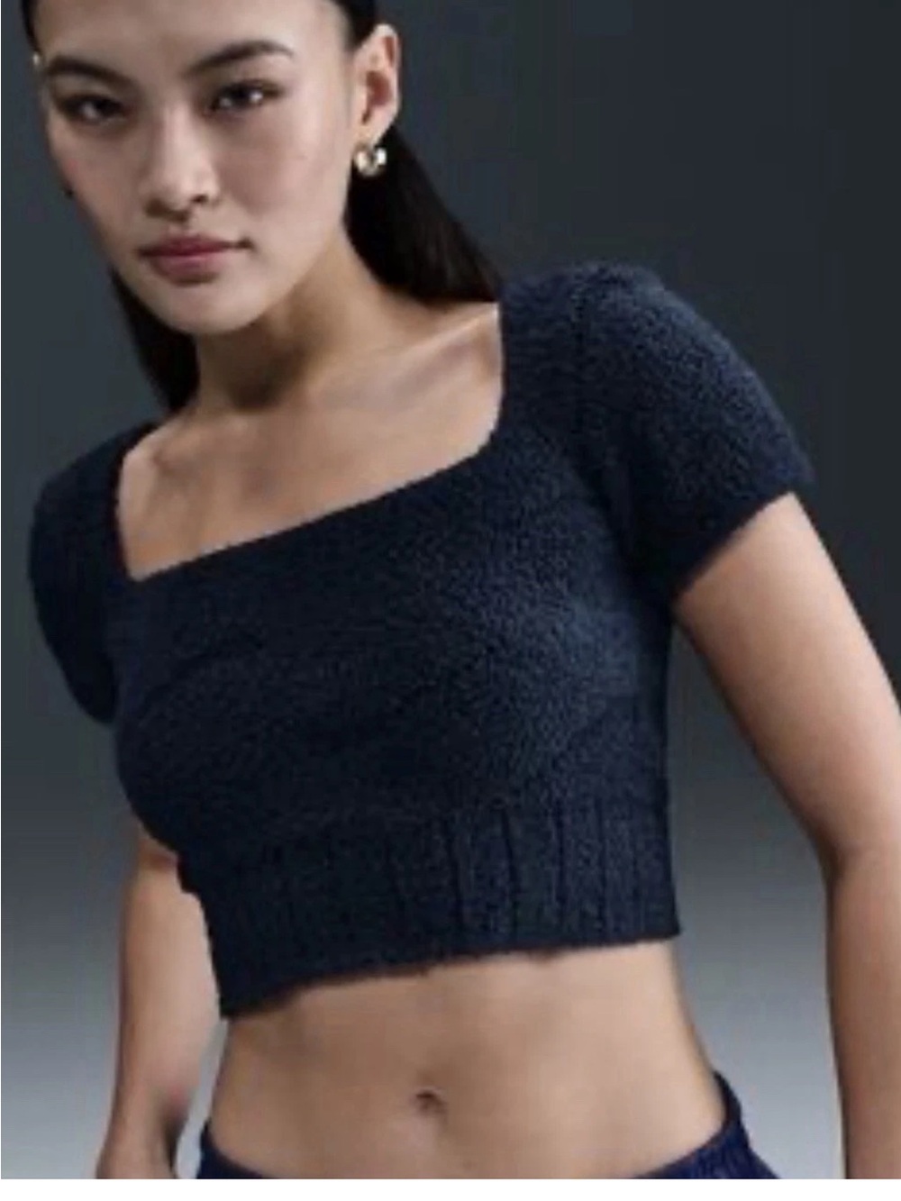 Nike Sherpa cozy Square-Neck Short Sleeve Knit Crop Top  navy blue NEW